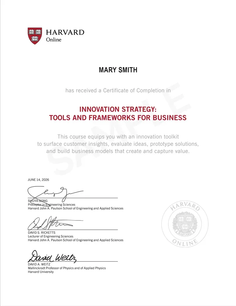 Sample Harvard Online Certificate of Completion
