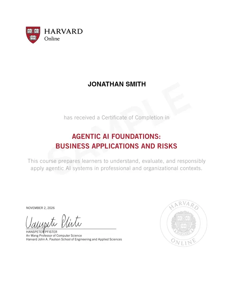 Sample Harvard Online Certificate of Completion