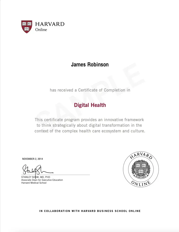 Sample Harvard Online Certificate of Completion