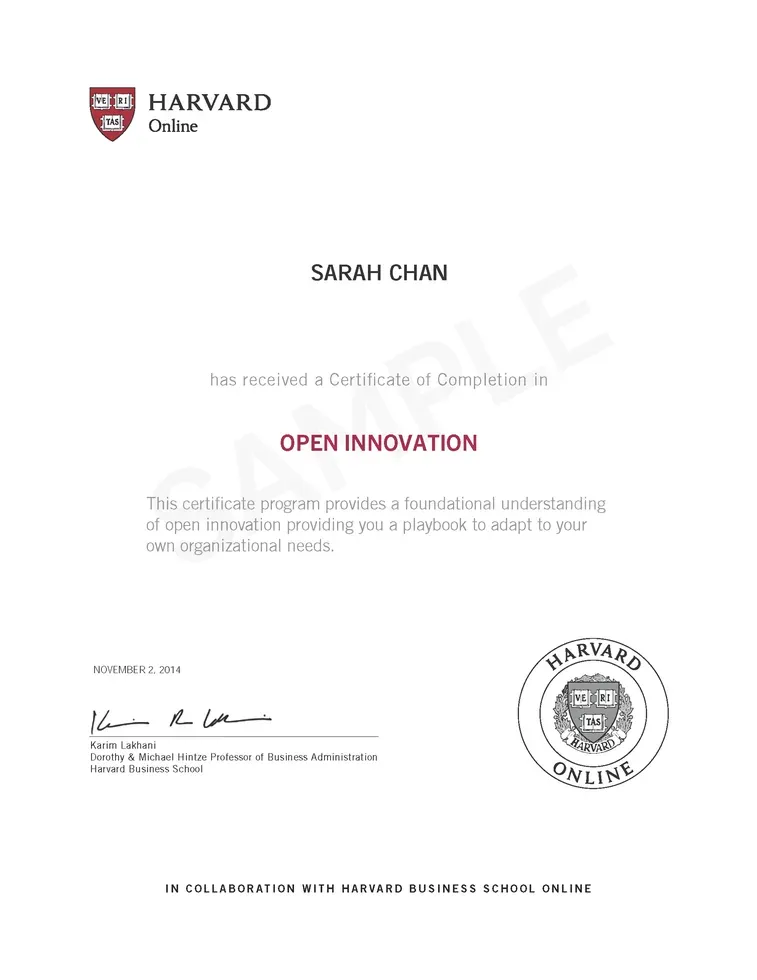 Sample Harvard Online Certificate of Completion