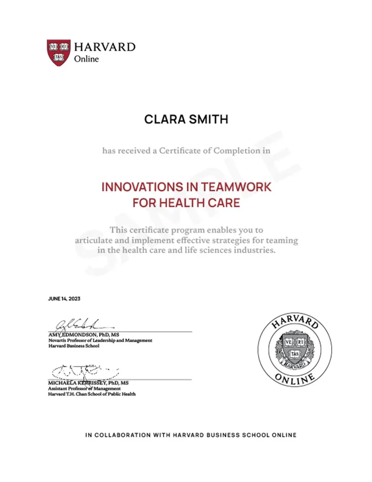 Sample Harvard Online Certificate of Completion