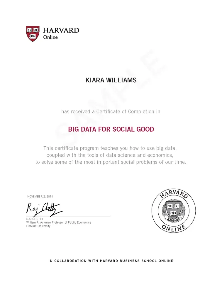 Sample Harvard Online Certificate of Completion