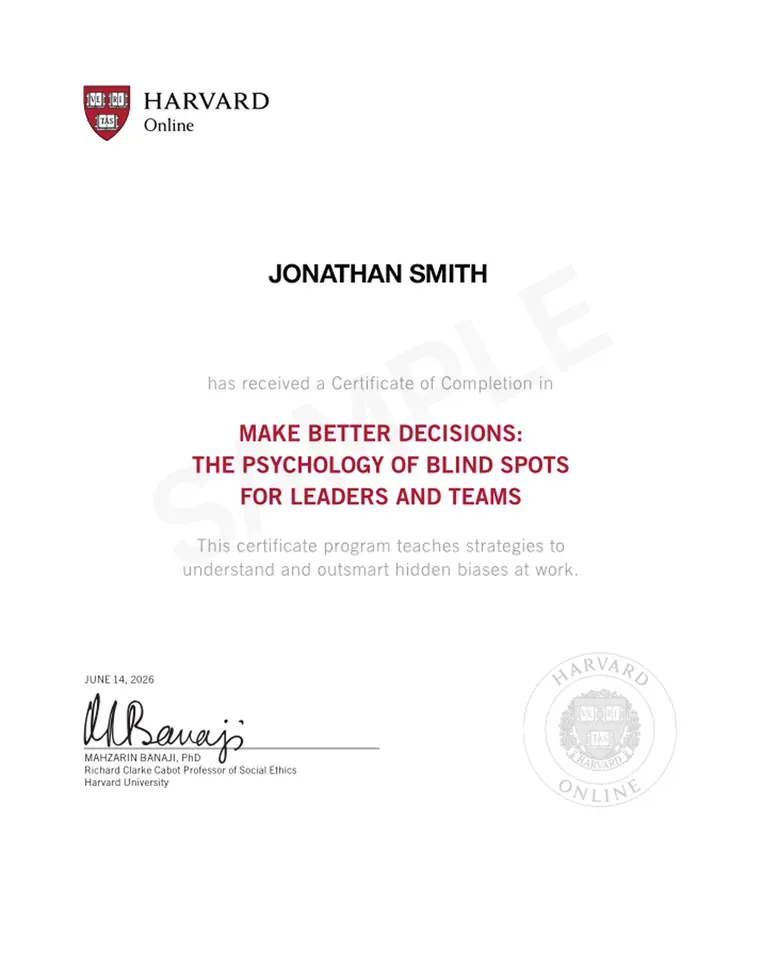 Sample Harvard Online Certificate of Completion