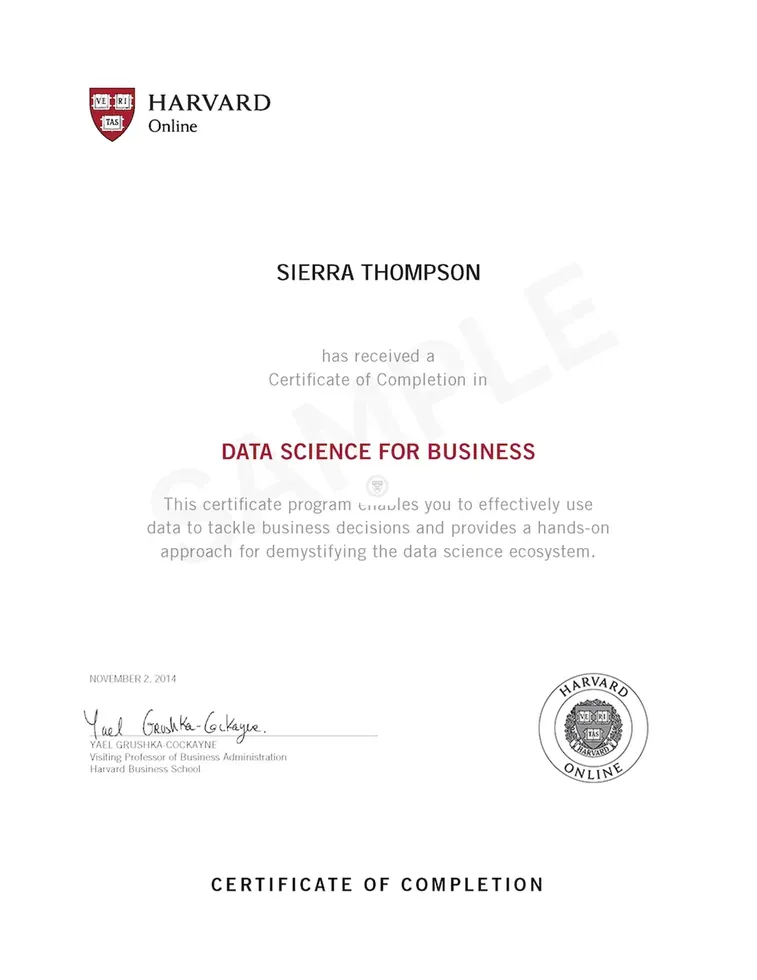 Sample Harvard Online Certificate of Completion