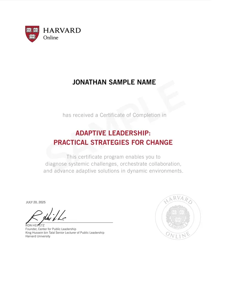 Sample Harvard Online Certificate of Completion