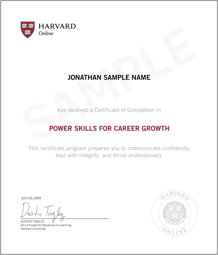 Sample Harvard Online Certificate of Completion in Power Skills for Career Growth