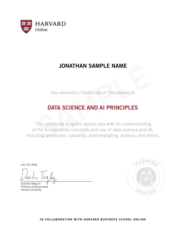 Sample Harvard Online Certificate of Completion