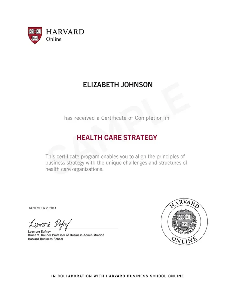 Sample Harvard Online Certificate of Completion