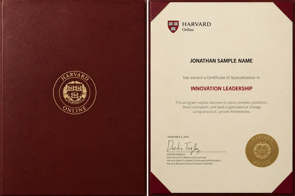 Sample Harvard Online Certificate of Specialization in Innovation Leadership with its presentation folder